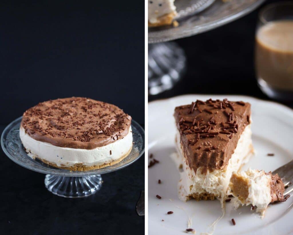 collage of two pictures of creamy cheesecake whole and sliced.