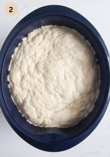 risen yeast dough in a large bowl.