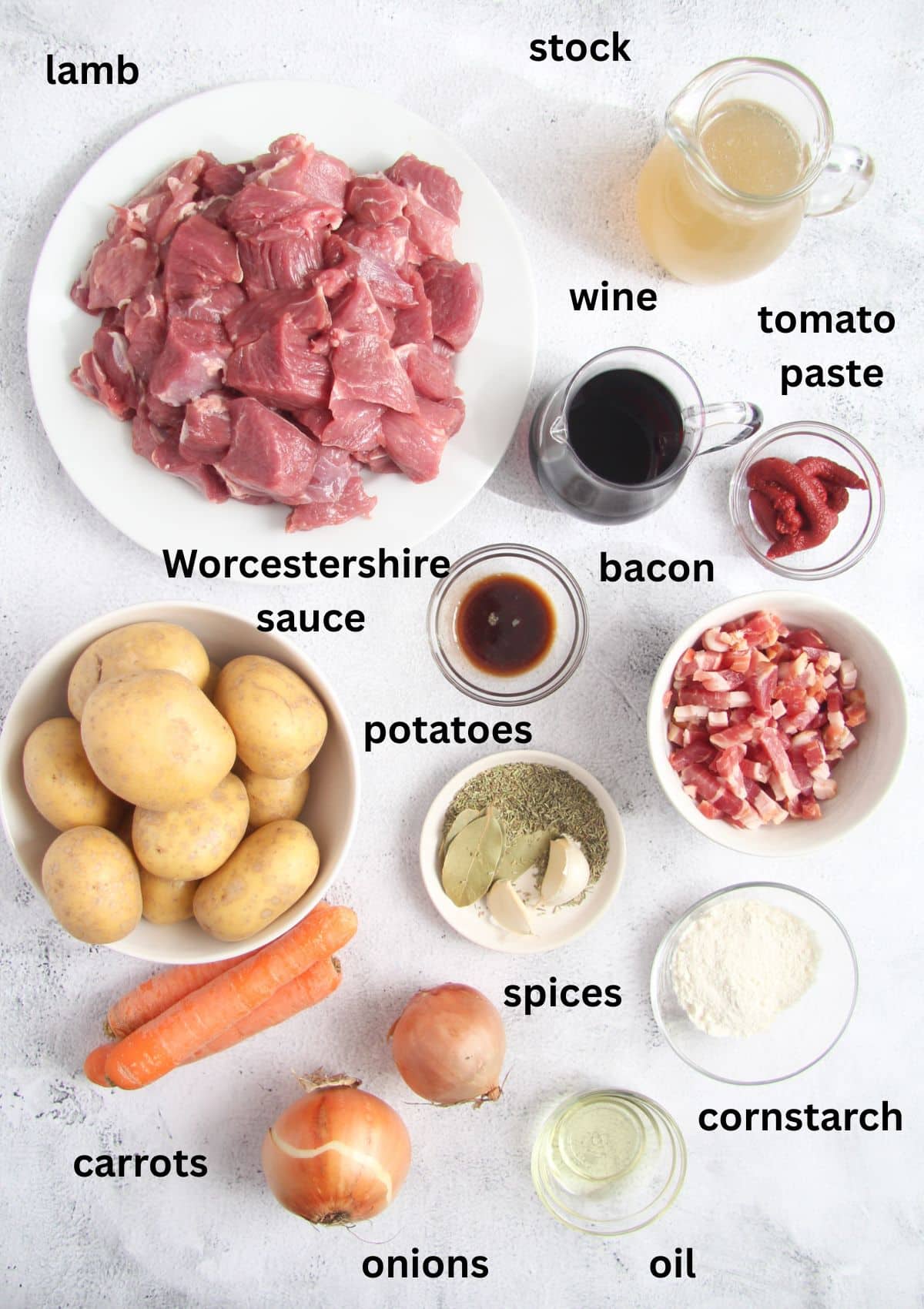 labeled ingredients for making lamb casserole with potaotes, carrots and bacon.