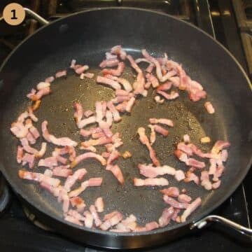 frying bacon pieces in a pan.