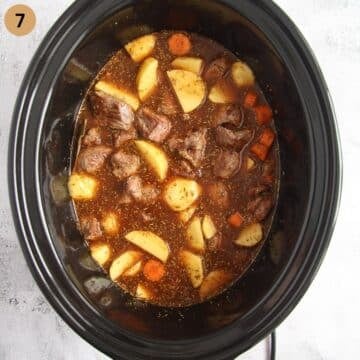 uncooked ingredeitns for making lamb casserole in the slow cooker.