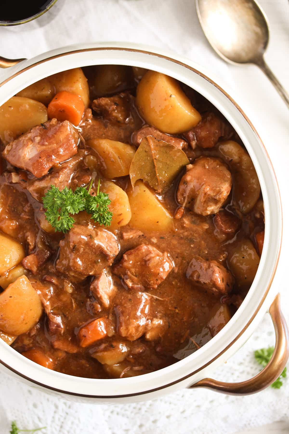 slow cooked lamb casserole in a vintage pot.