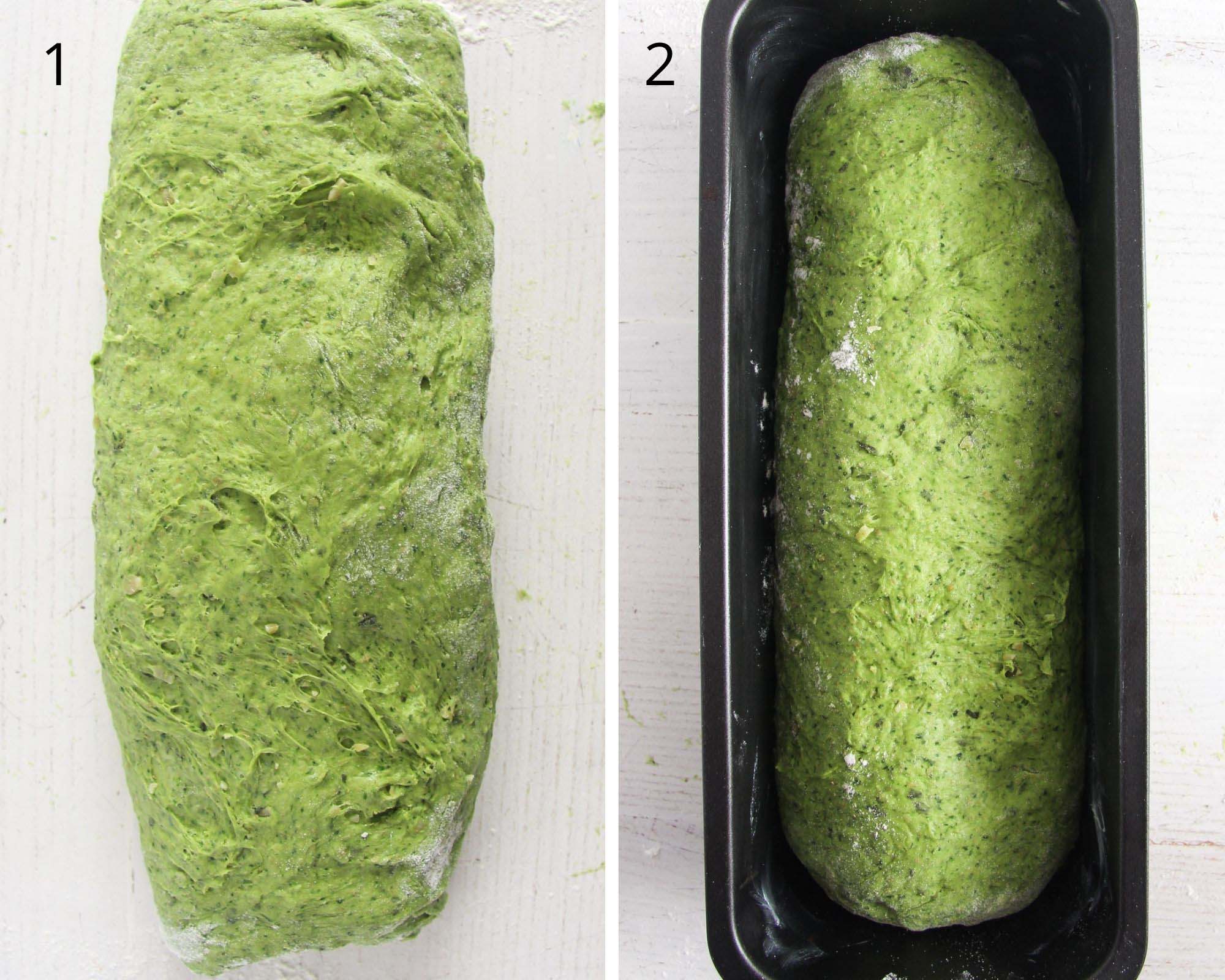 green dough folded and in a baking tin.