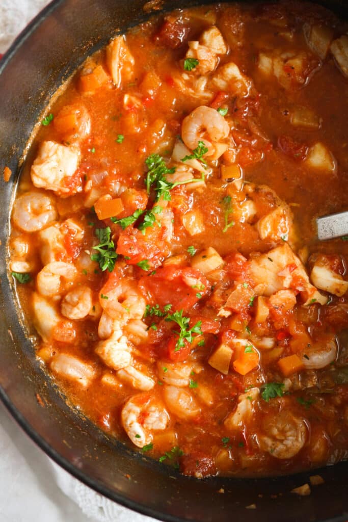 close up stew with fish and shrimps.