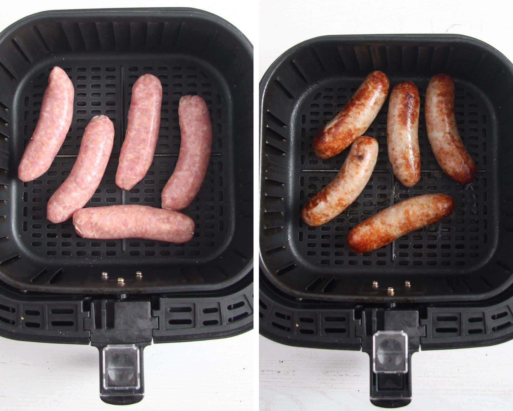 collage of two pictures of raw and cooked sausages in air fryer basket.