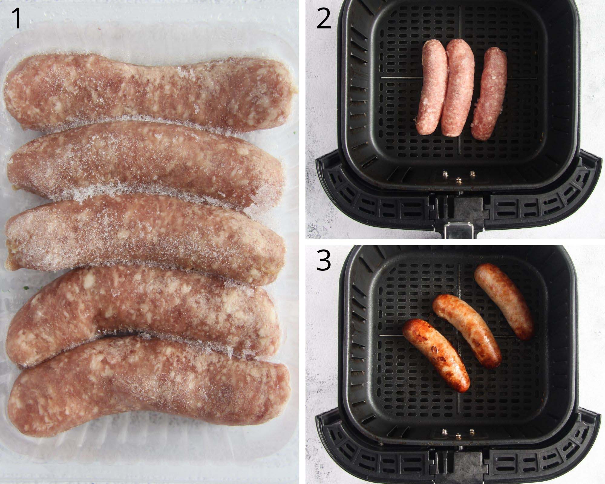 collage of three pictures of frozen brats being cooked in air fryer.