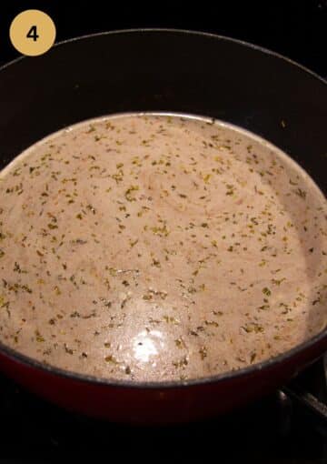 adding broth to make bratwurst soup in a pot.