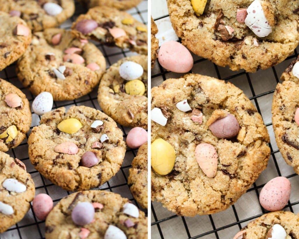 collage of two pictures of cookies with pastel chocolate eggs.