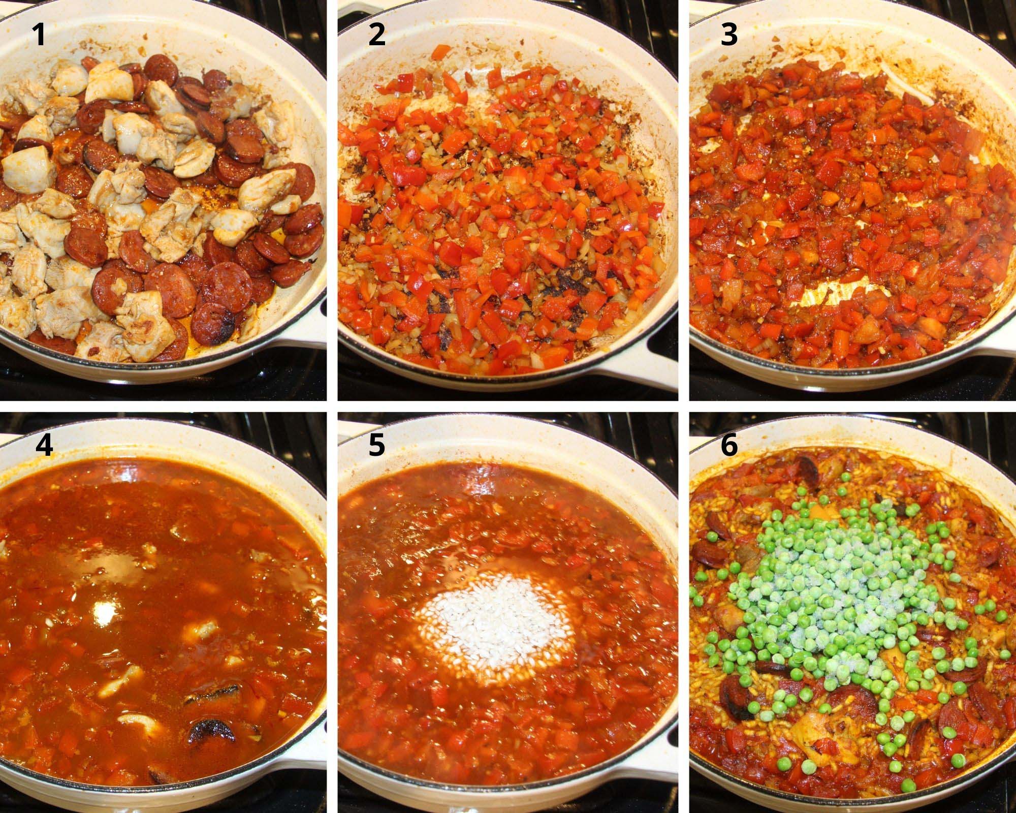 collage of six pictures of making paella step by step.