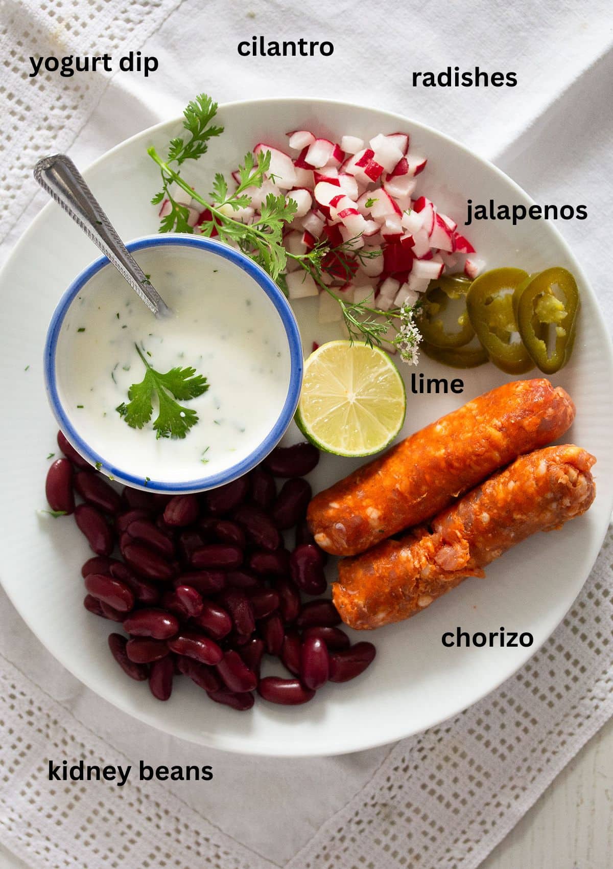 labeled ingredients for making tostadas with chorizo, beans, cilantro, lime, radishes, jalapenos, and yogurt dip.