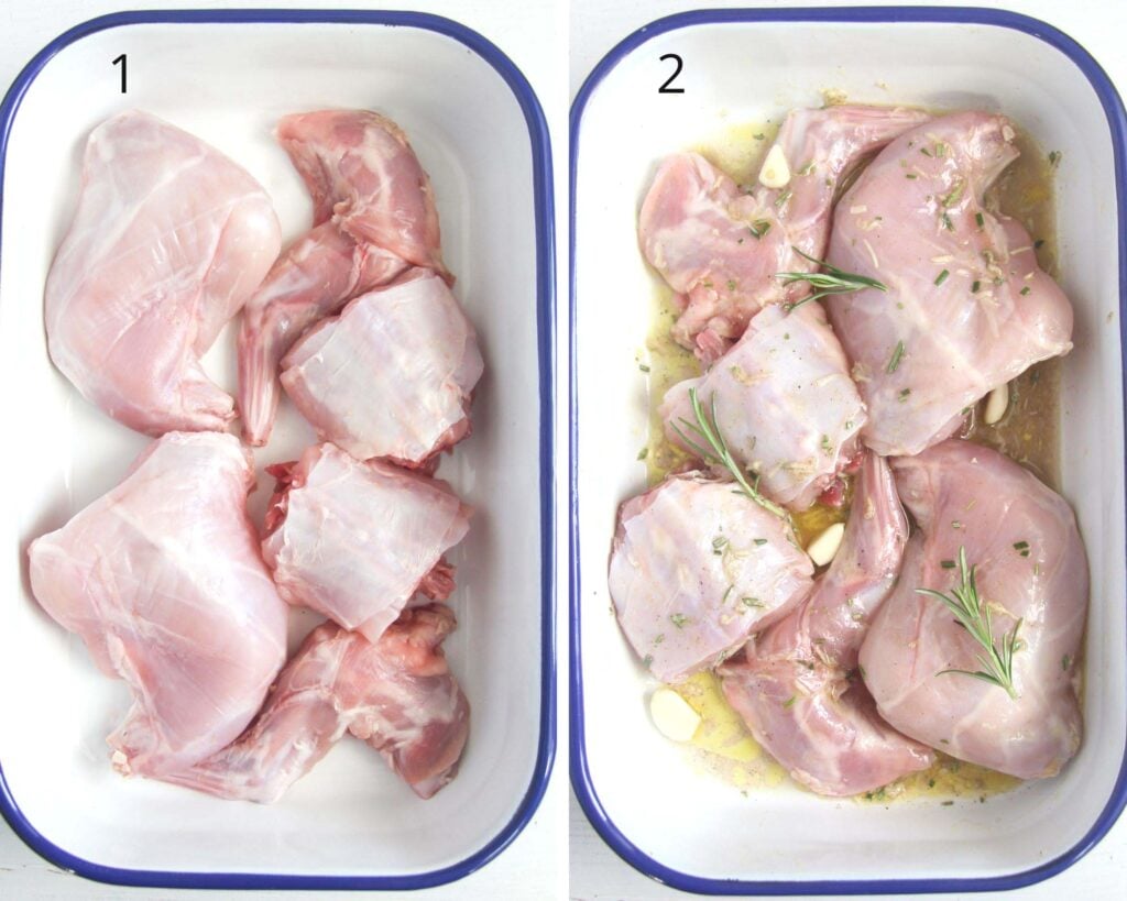 collage of two pictures of cut rubbit with and without marinade.
