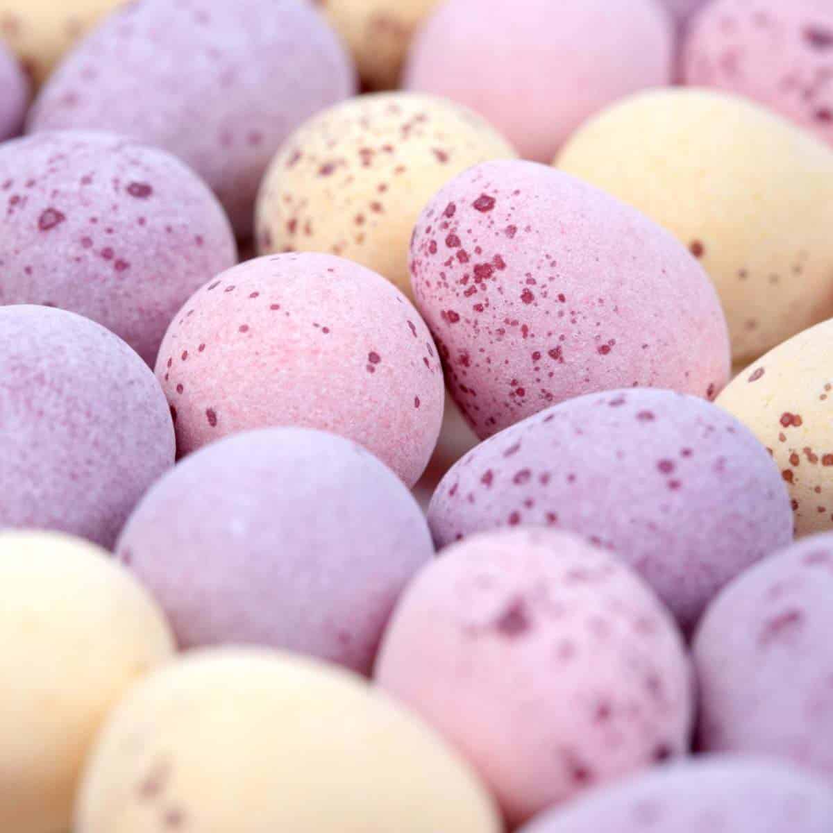 pastel colored cadbury mini eggs close up.