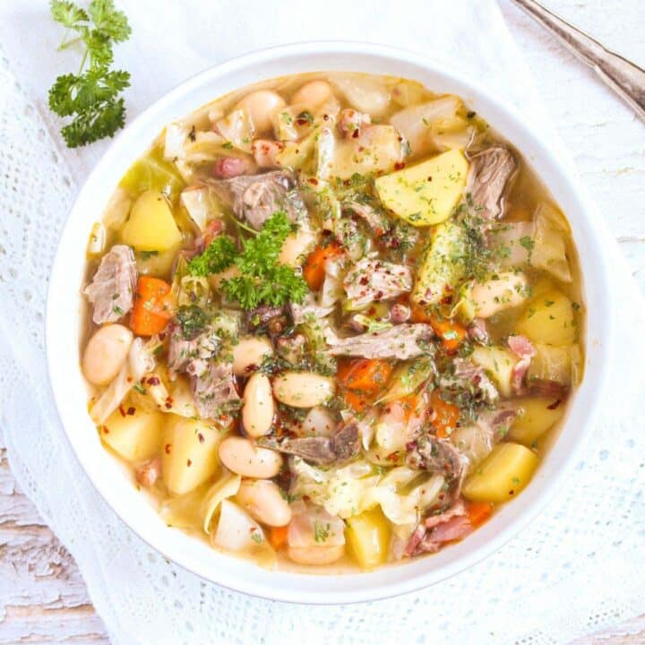lamb bone soup with vegetables and beans.