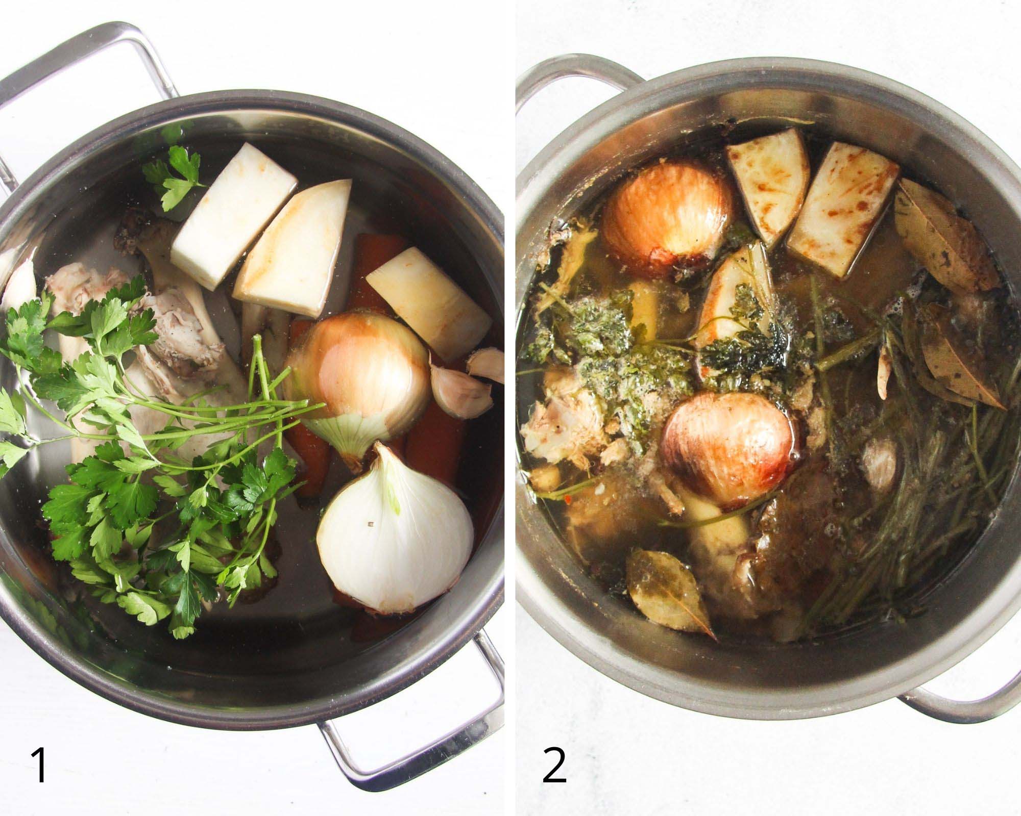 bones and vegetables in a pot before and after cooking broth.