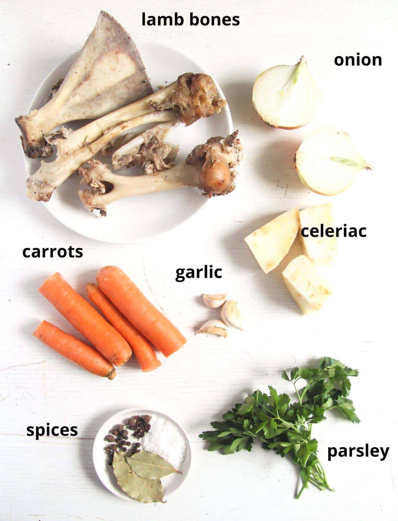 bones, carrots, celeriac, onions, garlic, parsley, spices for making stock.