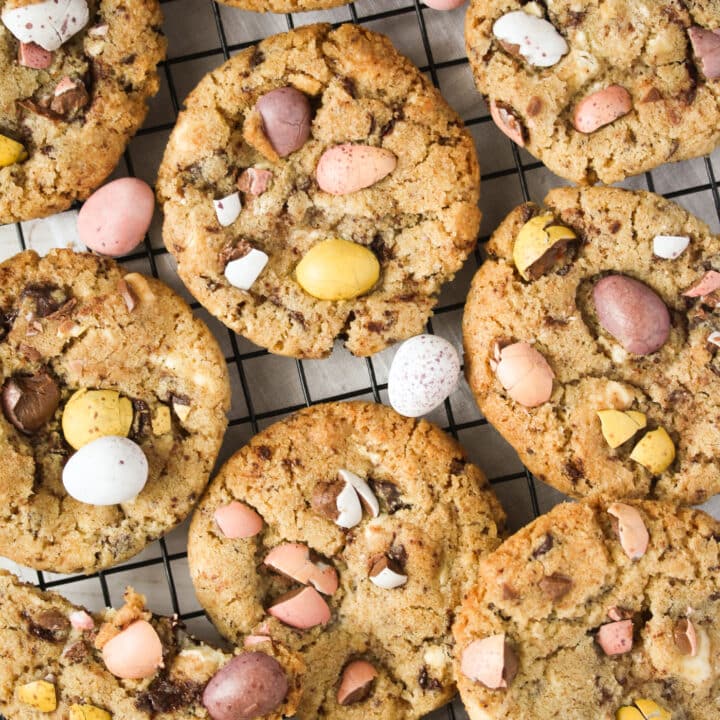 cadbury mini egg cookies close up.