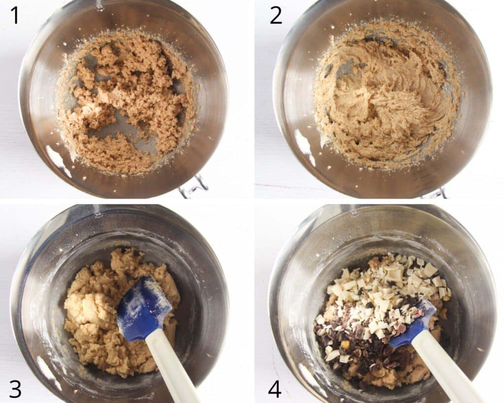 collage of four pictures of making dough for cookies.