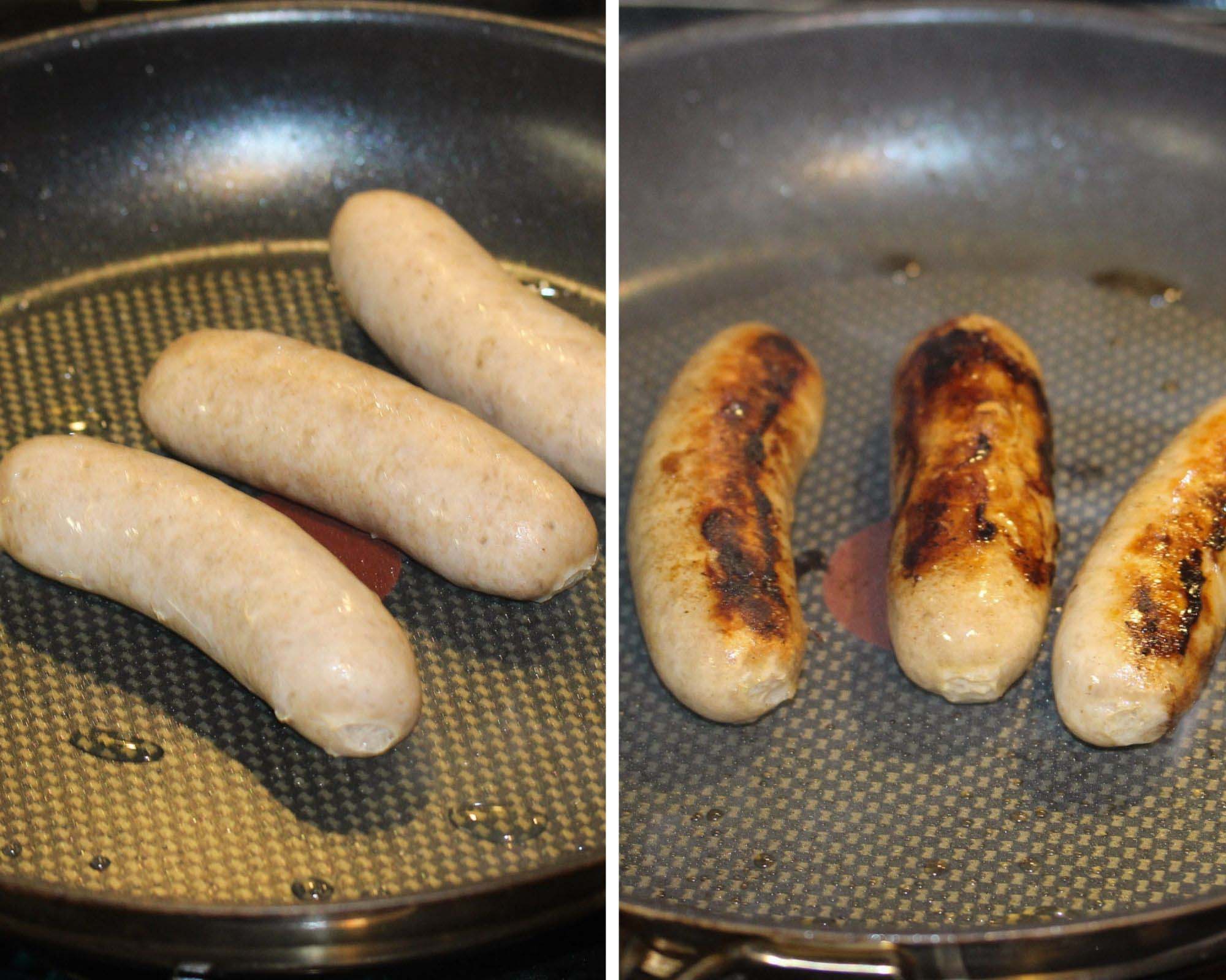 frying bratwurst in a pan before and after cooking.