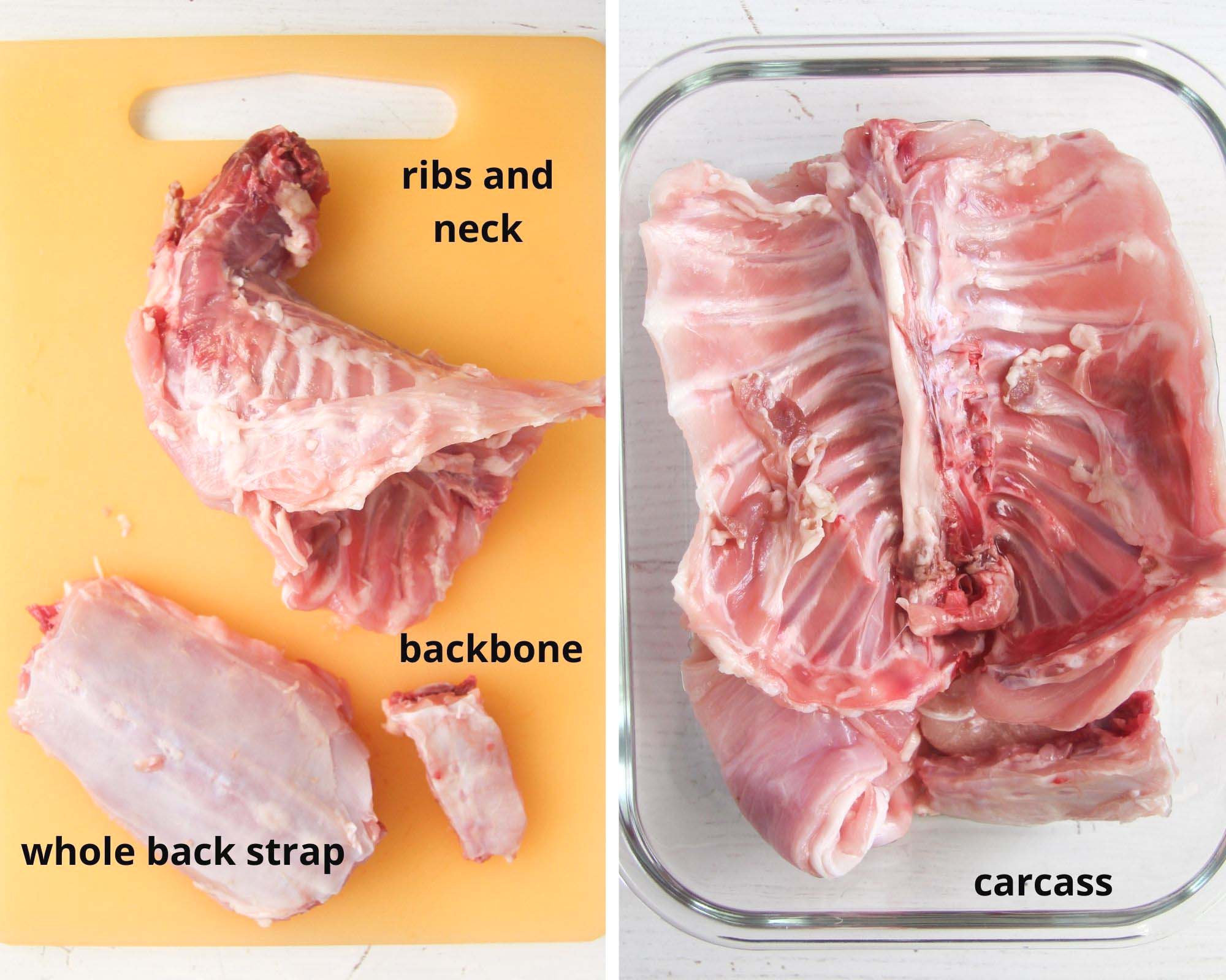 collage of two pictures of rabbit carcass, back strap and backbone.