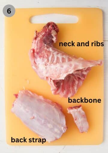 labeled ribs and neck, backbone and back strap of a rabbit. 