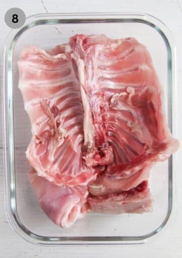 the carcass of a rabbit in a baking dish.