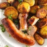 cooking frozen sausages and serving with roasted potatoes.