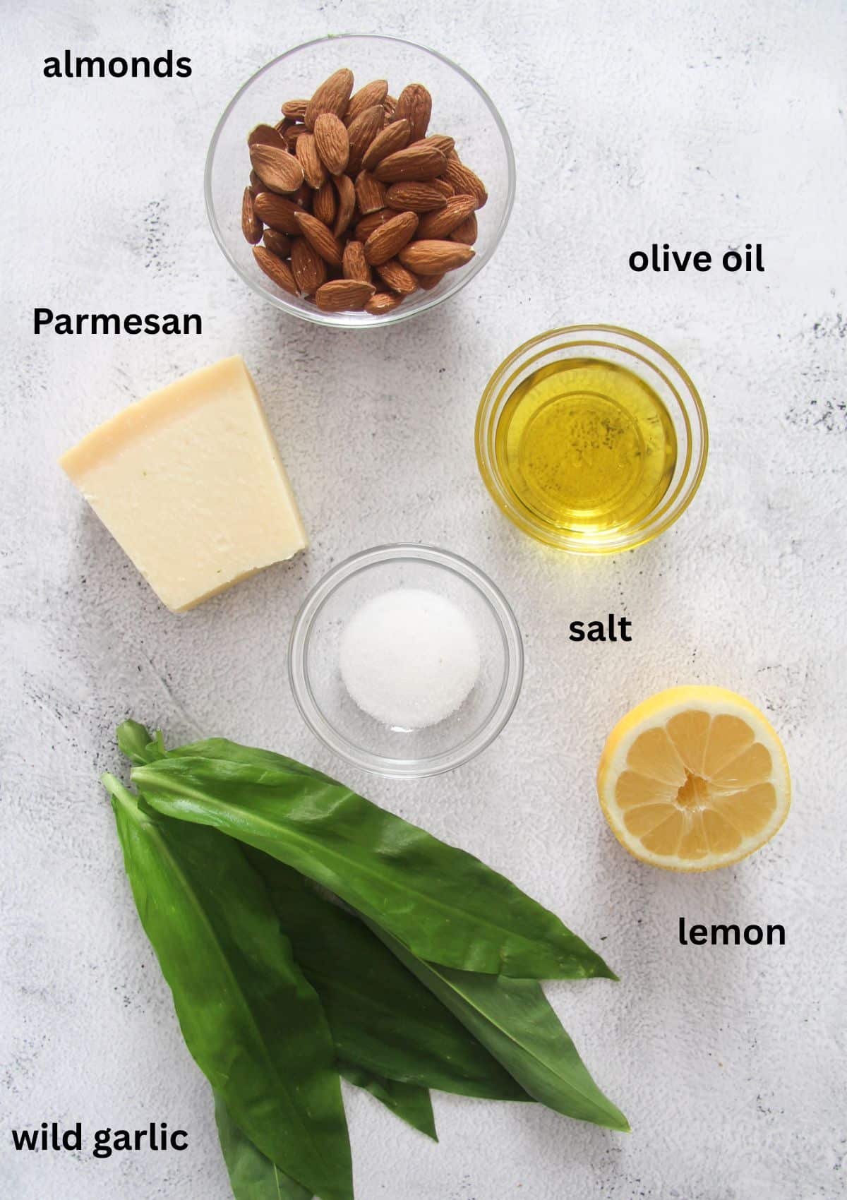 labeled ingredients for wild garlic pasta.
