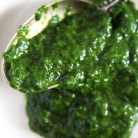 close up of green and shiny ramsons paste for cooking.