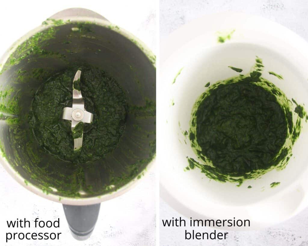 collage of two pictures of herb mixture in a thermomix and in a mixing bowl.