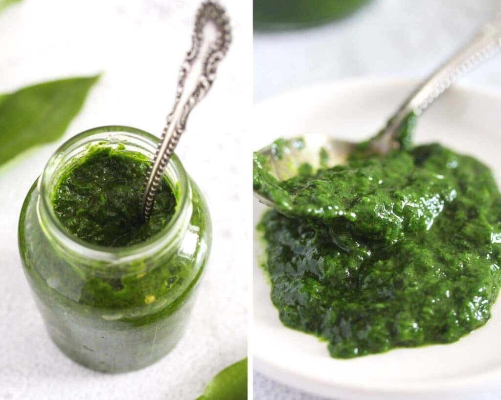 collage of two pictures of wild garlic paste made with salt and oil.