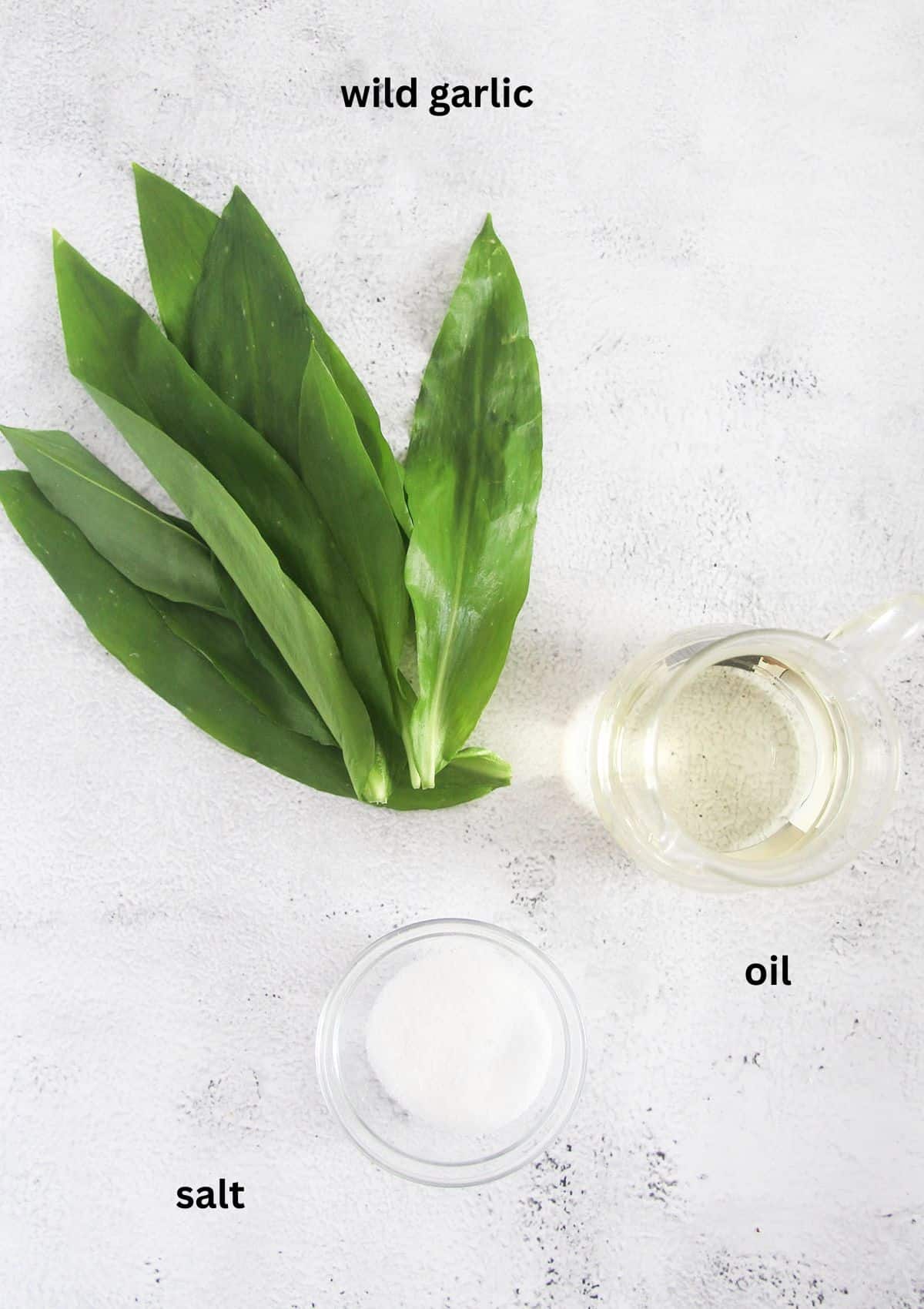 labeled ingredients for preserving wild garlic with oil and salt.