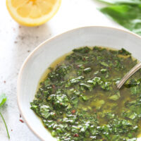 chimichurri sauce with wild garlic in a small bowl.