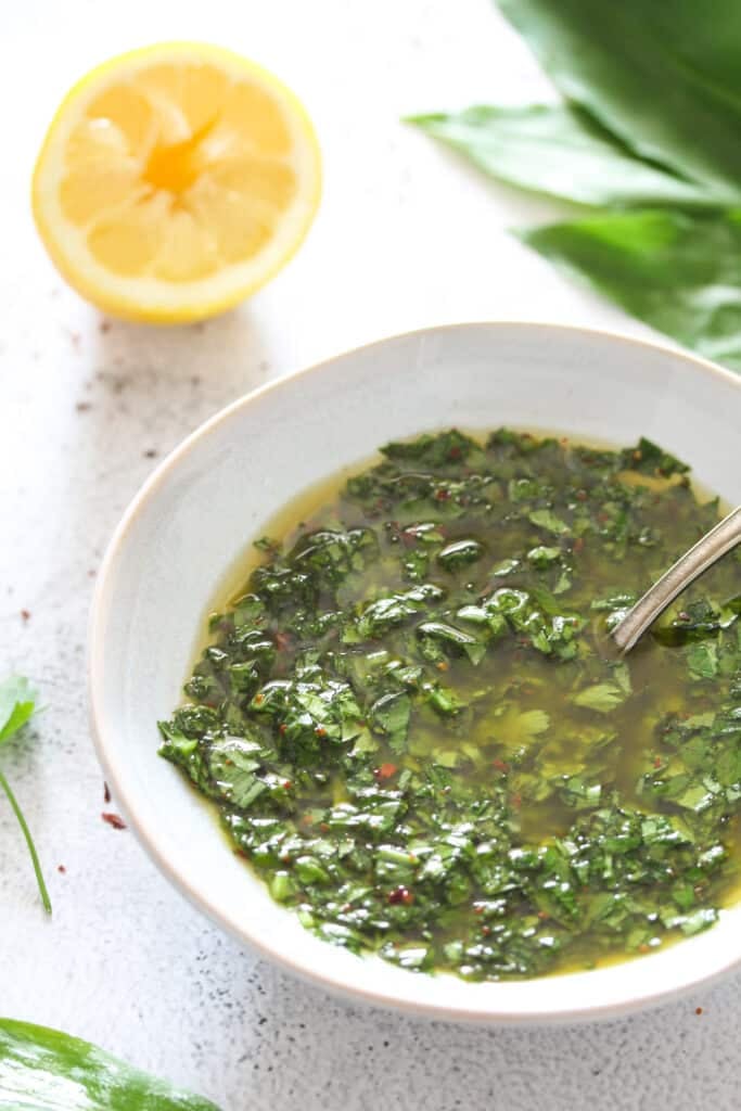 chimichurri sauce with wild garlic in a small bowl.