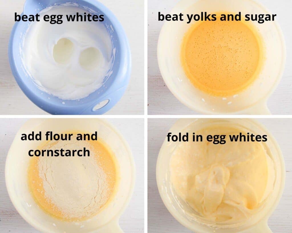 four steps of making cake batter in a bowl.