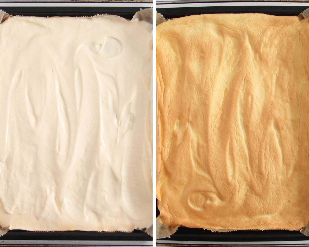 collage of two pictures of unbaked and baked batter on a tray.