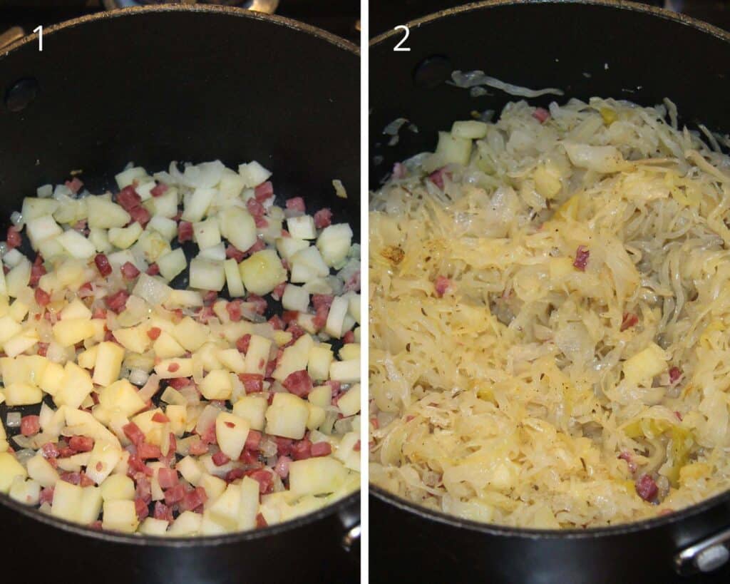 collage of two pictures of frying bacon, onions and apples, then adding sauerkraut.