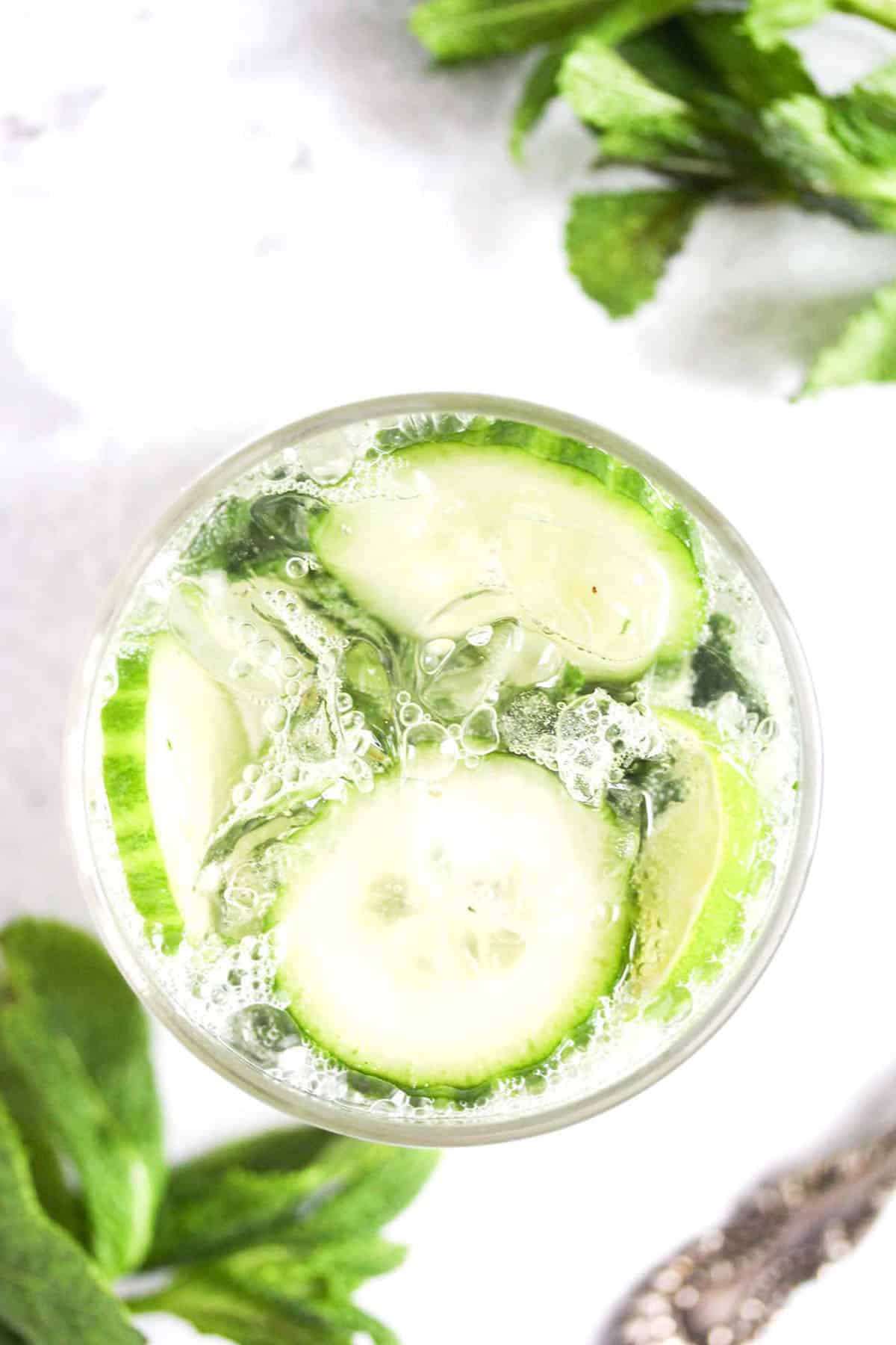 gin cocktail with mint, lime and cucumber slices in a glass.