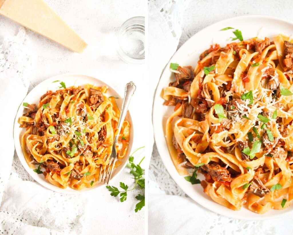 collage of two pictures of pasta with meat sauce and parmesan.