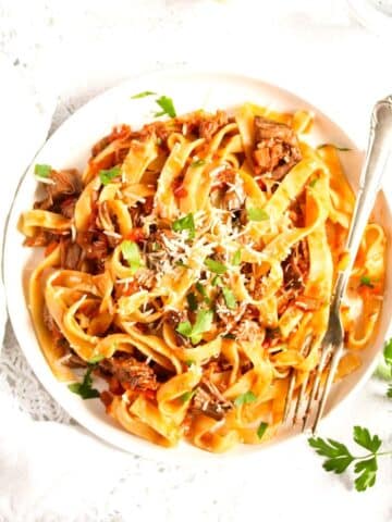 slow cooker lamb ragu with pasta on a small white plate with a silver fork.