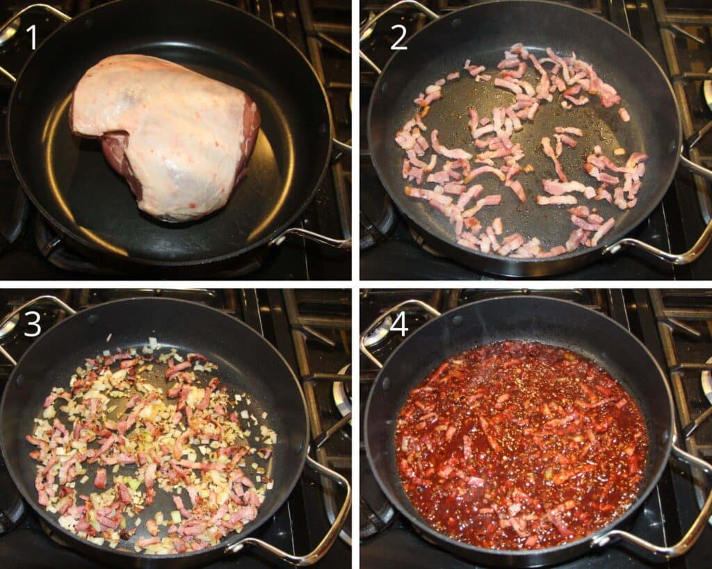 collage of four picture of browning lamb shoulder in the pan, cooking bacon and onions and adding wine.