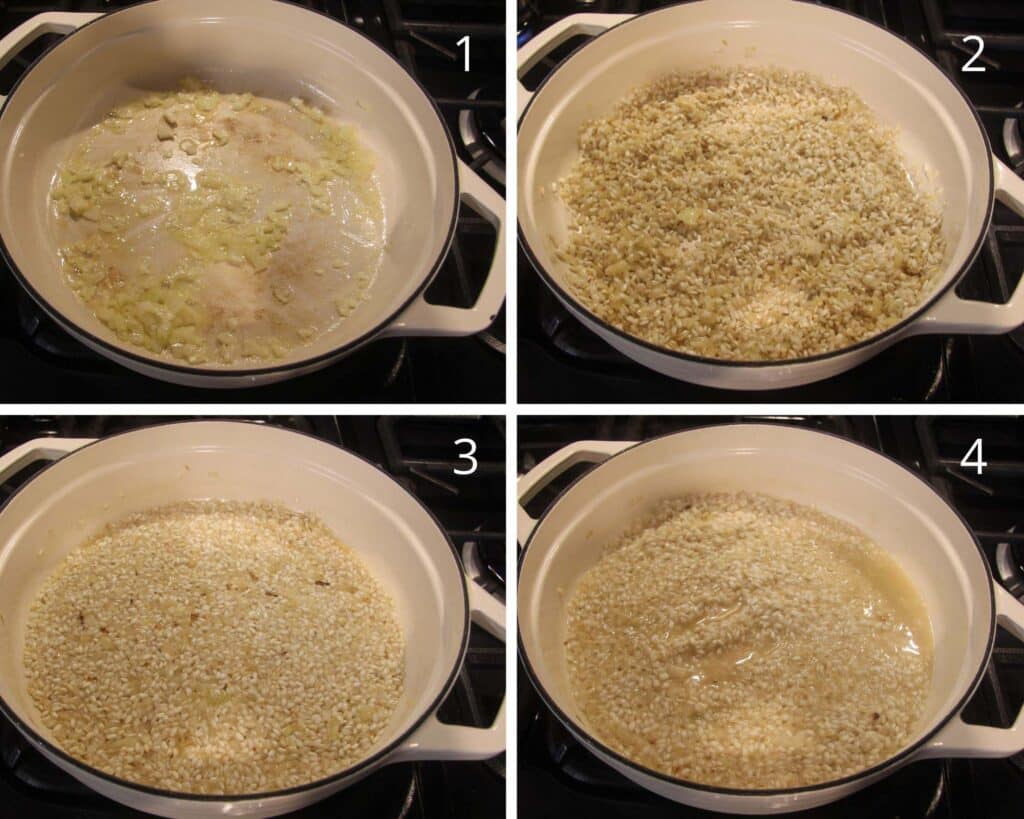 collage of four pictures of making risotto in a white large pan.