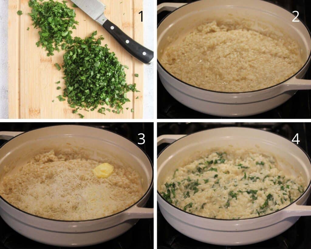 collage of four pictures of adding parmesan and herbs to rice.