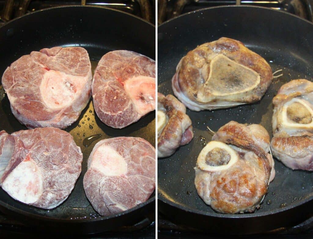 collage of two pictures of four floured slices of osso buco frying in a black pan.