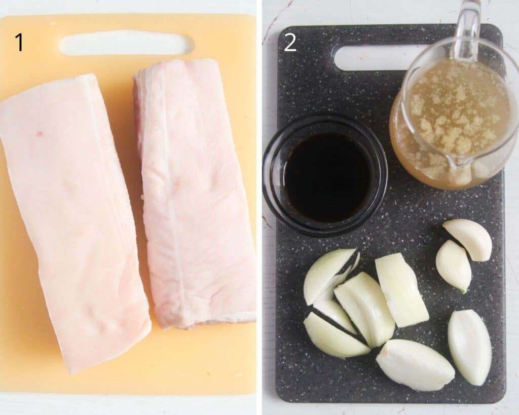 collage of two pictures of raw pork with skin and a board with soy sauce, stock, onions and garlic.