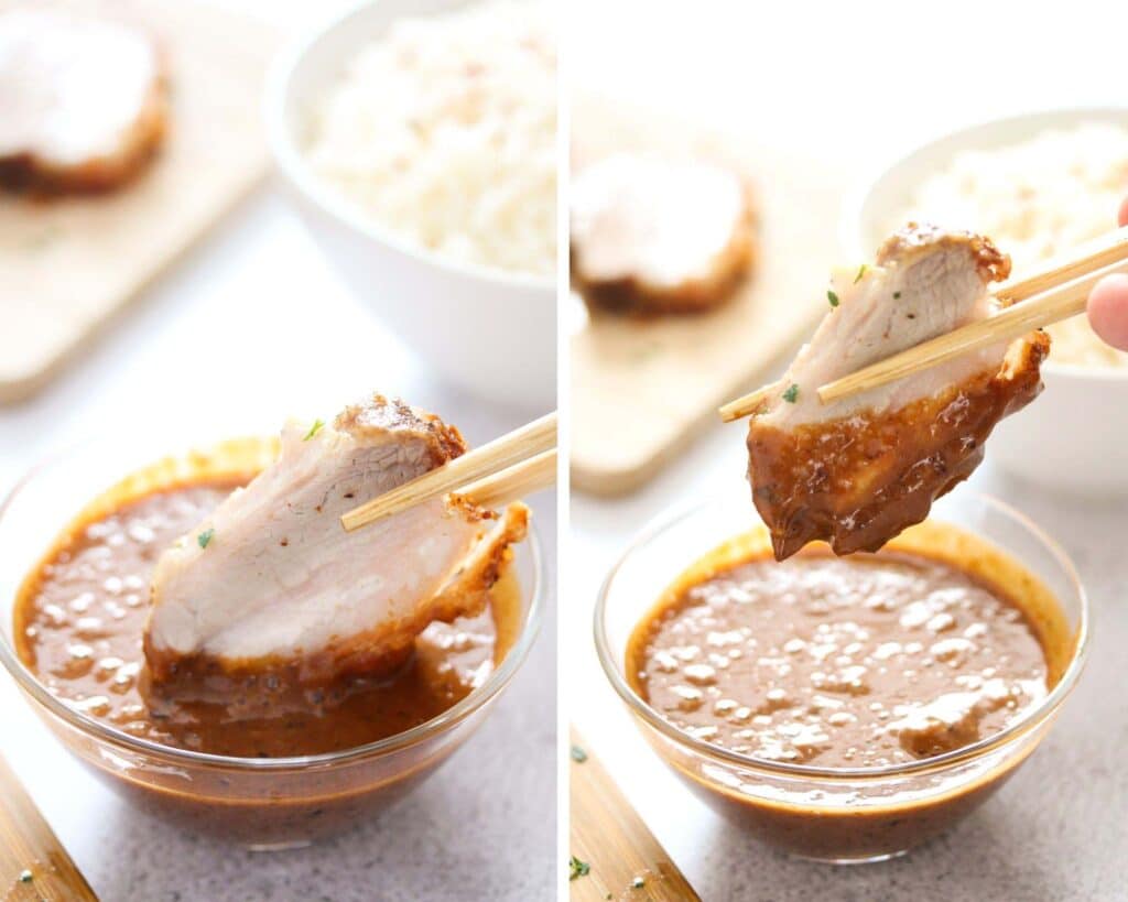 collage of two pictures of dipping a piece of pork in peanut butter dip with chopsticks.