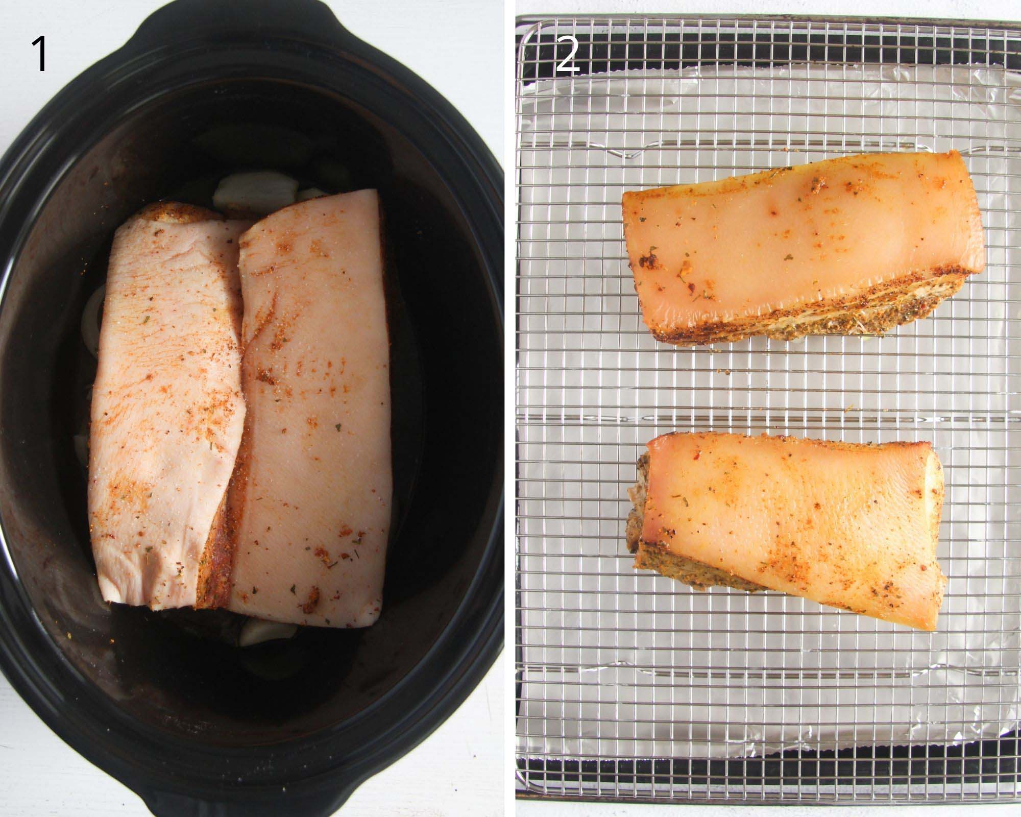collage of two pictures of raw pork belly pieces in a crockpot and then cooked on a roasting rack. 