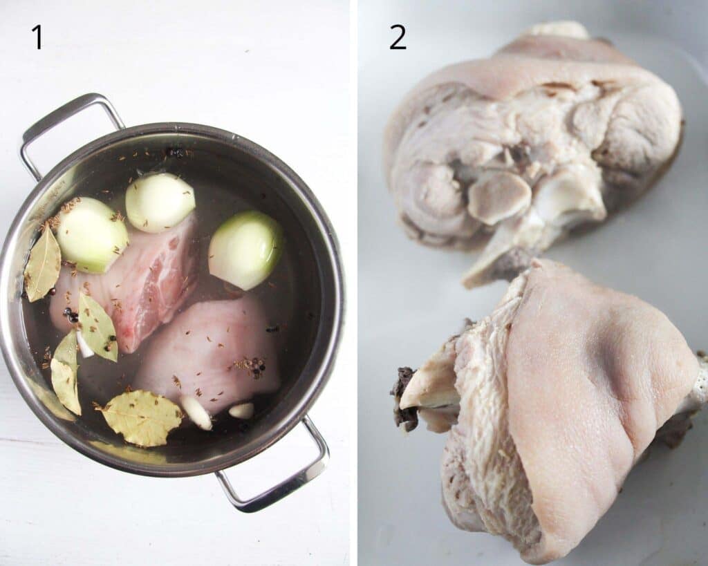 collage of two picture of pork knuckles before and after boiling.