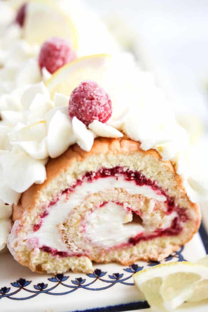 swiss roll filled with raspberry lemon filling.