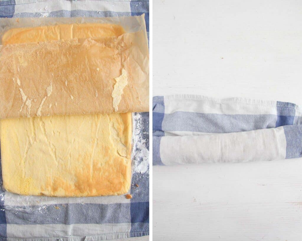 peeling baking paper from cake and rolling it into towel.