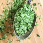 a spoonful of wild garlic salt close up.